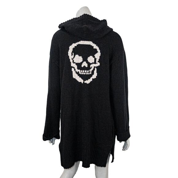 Skull Cashmere open front Hooded Cardigan in Black Embroidered Women's Medium - Picture 1 of 10